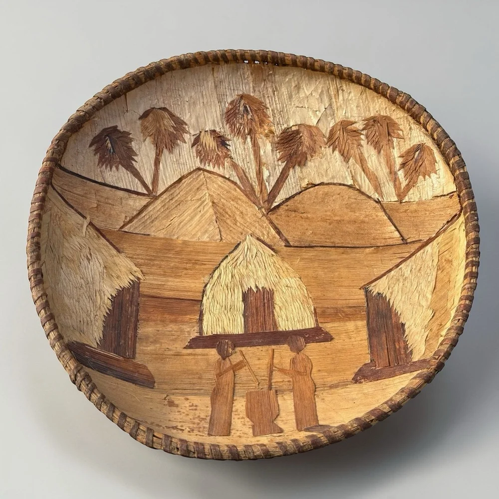 Vintage African Hand Woven Tray Bowl Wall Art Authentic Banana Leaf 15” Folk Art